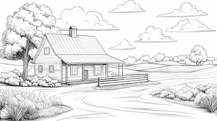 Fototapeta premium Rustic farmhouse, countryside landscape, peaceful scene, coloring page illustration