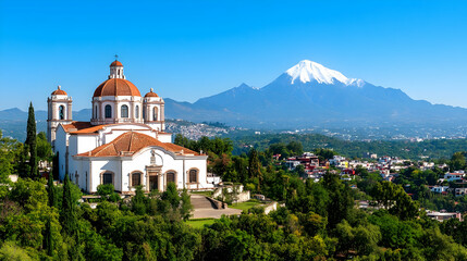 Scenic church, volcano backdrop, Mexican town, sunny day, travel tourism