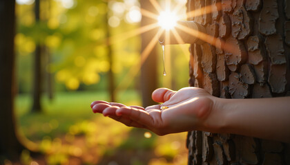 Hand catching maple sap in tranquil forest at sunrise, natural beauty