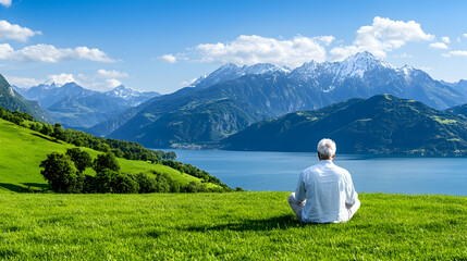 Senior man meditating, mountain lake view, peaceful landscape, summer day, retirement relaxation