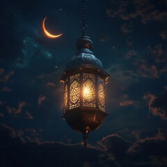 Obraz premium Islamic Lantern Floating in a Dark Sky, Perfect for Ramadan and Eid