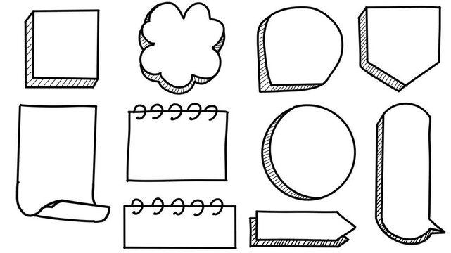 Hand Drawn doodle animated speech bubbles, frames, banners, chat, comic sticky notes to write text, thoughts. Outline style.