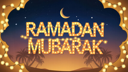 Fototapeta premium Celebratory Ramadan Mubarak display illuminated with warm lights and crescent moon at dusk