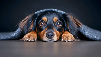 Shy dog peeking from blanket, studio shot, dark background, pet portrait for website or calendar