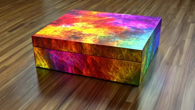 Colorful abstract design on a rectangular table placed on a wooden floor