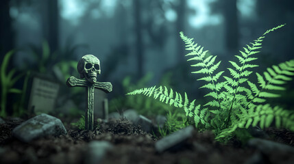 Skull cross grave forest misty background Halloween