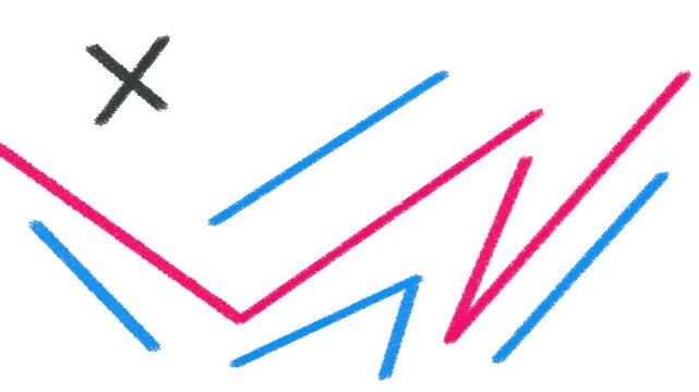 Red and blue stripes drawn in chalk flash across the screen, with a cross or X symbol appearing above and below them.