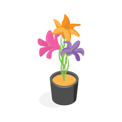 An isometric icon of a potted plant with two bright orange flowers