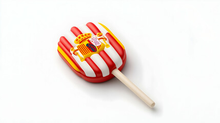 Spanish flag popsicle on white background, summer treat, patriotic dessert
