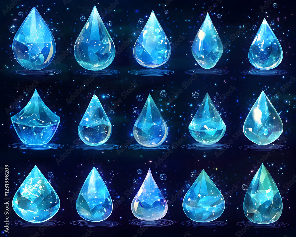 Poster sparkling water drop animation spritesheet; game design, ui asset