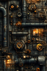 Fototapeta premium Steampunk gears, pipes, and mechanics on a textured wall, glowing lights, industrial background. Use Wallpaper, design