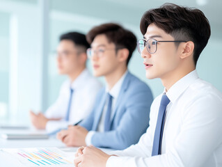 Fototapeta premium Group of Asian businessmen are sitting in a meeting, talking, exchanging knowledge. Presentation about office work