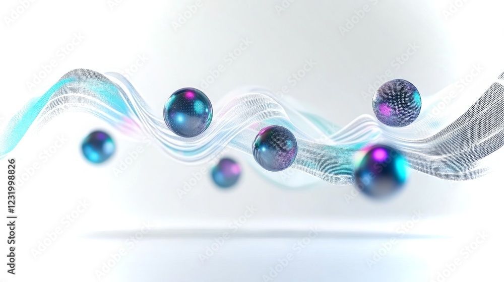 Poster floating spheres creating dynamic waves with bright reflections in a minimalist setting