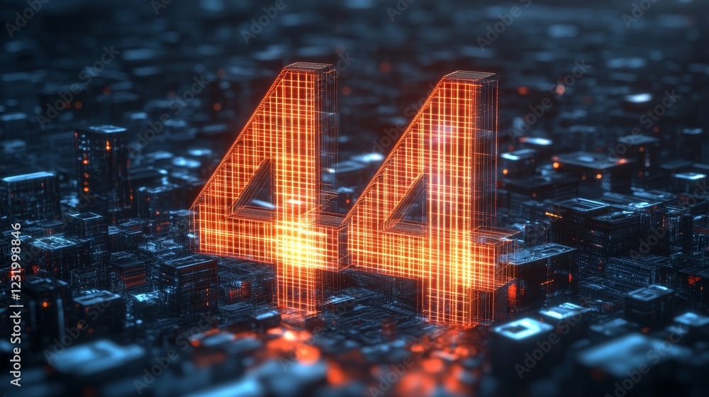 Poster glowing digital number 44 in futuristic cyberpunk style on abstract technology background