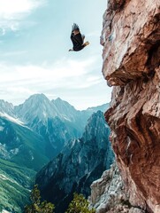 A majestic bald eagle soaring gracefully over a rugged mountain range, embodying strength and freedom.
