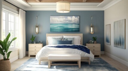 Serene Coastal Bedroom Interior Design with Ocean View Artwork