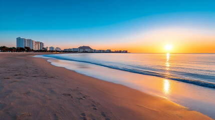 Sunrise over beach, coastal city skyline, tranquil ocean, golden hour light, travel postcard