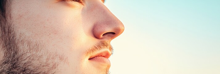 Close up profile of a young man inhaling fresh air, savoring the scent of nature, and feeling relaxed against a backdrop of a clear sky, embodying health and well being