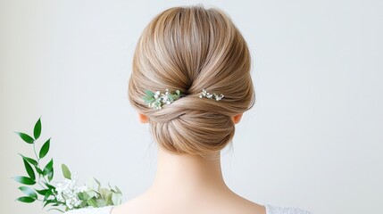 Naklejka premium A woman with a bun hairstyle and a green leaf in her hair