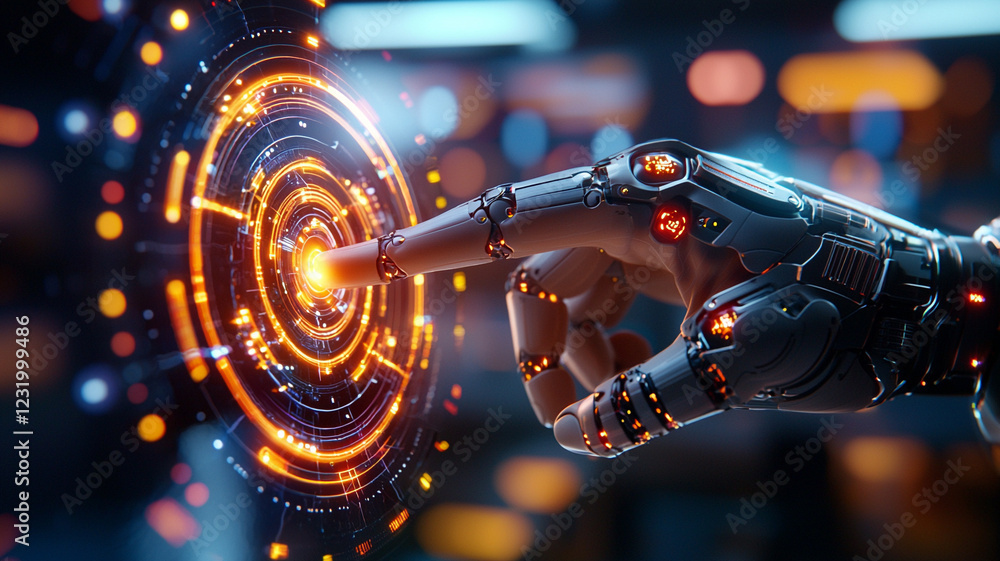 Poster robotic hand interacting with glowing futuristic interface an advanced technology concept