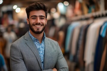 Fototapeta premium Young businessman smiling with crossed arms in a clothes store