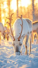 HD Phone Wallpaper Majestic Reindeer Grazing in Golden Hour Winter Snowscape