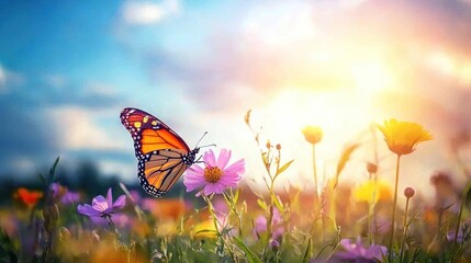 A butterfly resting on a blooming flower in a summer meadow.