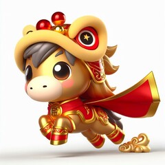 Fototapeta premium 3D Adorable cartoon gold red happy flying superhero cute horse in a lion dance costume, white background