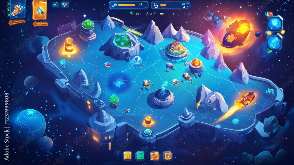 Poster space game ui level map with planet vector screen background. galaxy cartoon illustration with alien