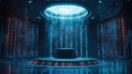 Futuristic portal room, digital rain, platform, display