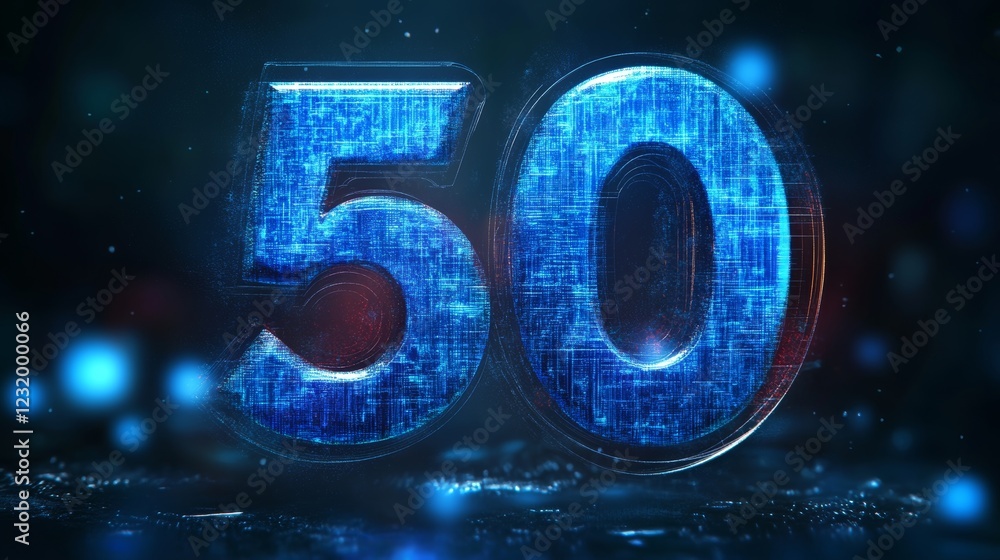 Poster glowing futuristic digital number 50 on an abstract circuitry background with blue and red lights