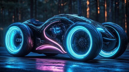 Futuristic vehicle night forest drive