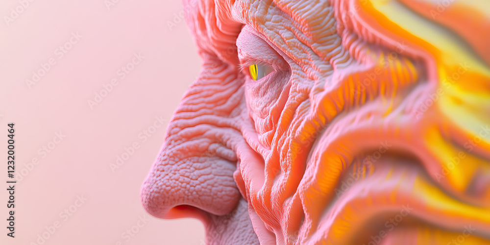 Poster digital render: profile of wrinkled face with abstract form