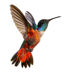 Obraz premium Close-up image of a colorful hummingbird in flight with vibrant plumage. Perfect for nature, animal, and wildlife themes.