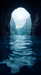 Dark Blue Cave Entrance with Calm Water and Tropical Landscape