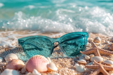 Sunglasses and seashells on a sandy beach