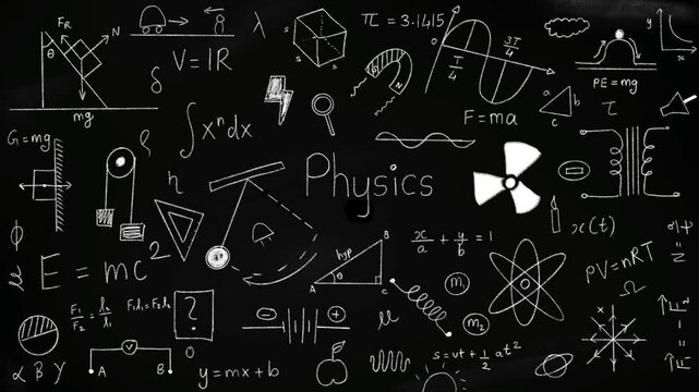 Blackboard inscribed with chalk doodled scientific formulas and calculations in physics and mathematics.