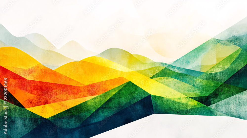 Poster a colorful abstract geometric mountain landscape featuring layered triangular shapes in shades of gr
