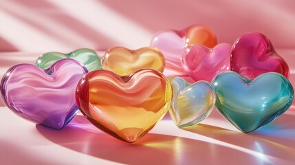 Colorful glass hearts on pink background, sunlight, Valentine's Day decoration