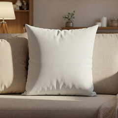 white pillows in sofa. White square canvas pillow mockup on cozy couch. small cotton cushion mockup in living room interior. space for design presentation.