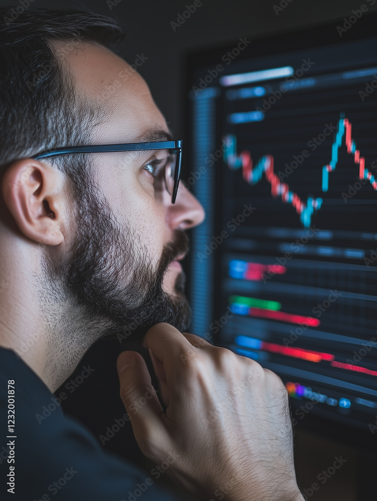 Poster market analyst reviewing data: a focused male analyst with a beard, wearing glasses, intently studie
