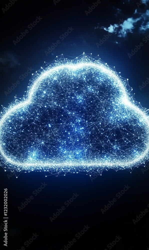 Poster glowing digital cloud with data network at night, ideal for technology concepts