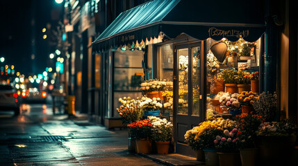 Night flower shop building exterior vector illustration. City storefront facade with shine door and window in evening. Urban store salon with flowerpot outdoor and awning in town near road scene