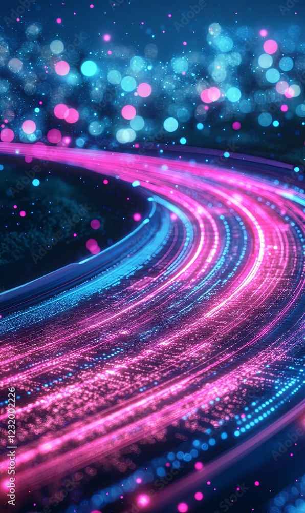 Poster glowing light trails curving through dark space with bokeh background, ideal for tech or futuristic 