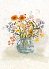 Bouquet of flowers in a vase. Watercolor Wildflower Bouquet