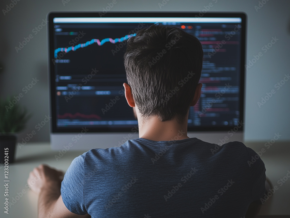 Poster analyzing the data: a man sits in front of a computer screen, focused on analyzing data displayed on