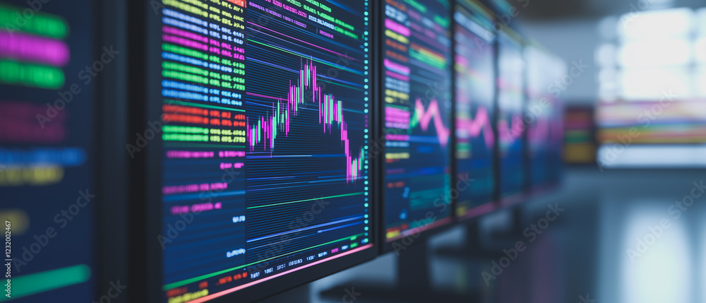 Poster the pulse of finance: a close-up of multiple computer screens displaying financial charts and data, 