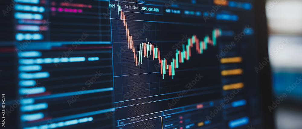 Poster market fluctuation: a close-up shot of a computer screen displaying a dynamic stock market chart wit