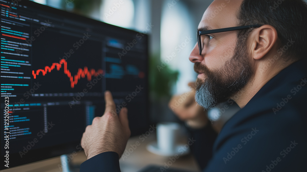Poster analyzing the data: a focused businessman examines a graph displayed on his computer screen, the red