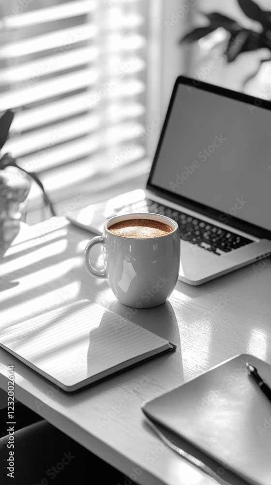 Poster Sunlight streams through window blinds, illuminating a stylish desk with a laptop, a steaming mug of coffee, and pristine notebooks, creating an inviting atmosphere for productivity